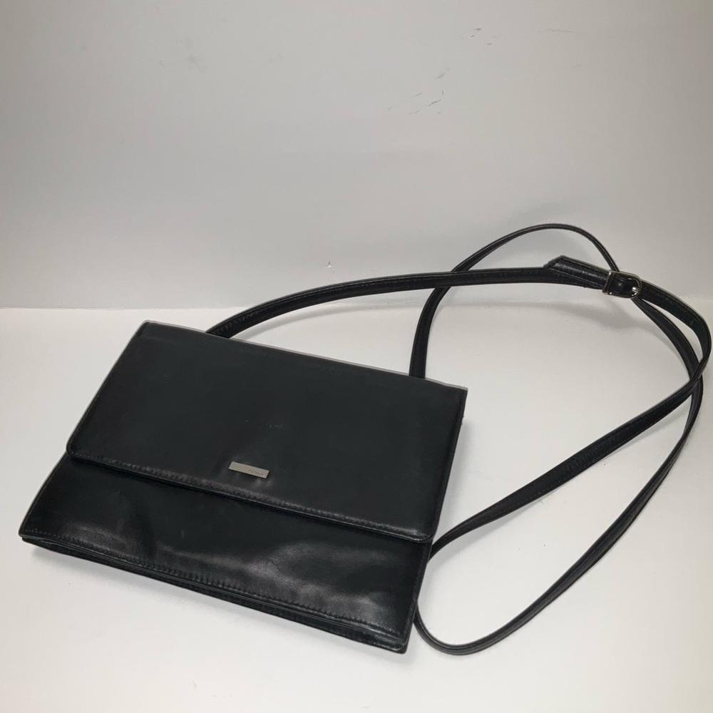 PERLINA Black Leather Crossbody Wallet Elegant Black Shoulder Bag Slim Purse